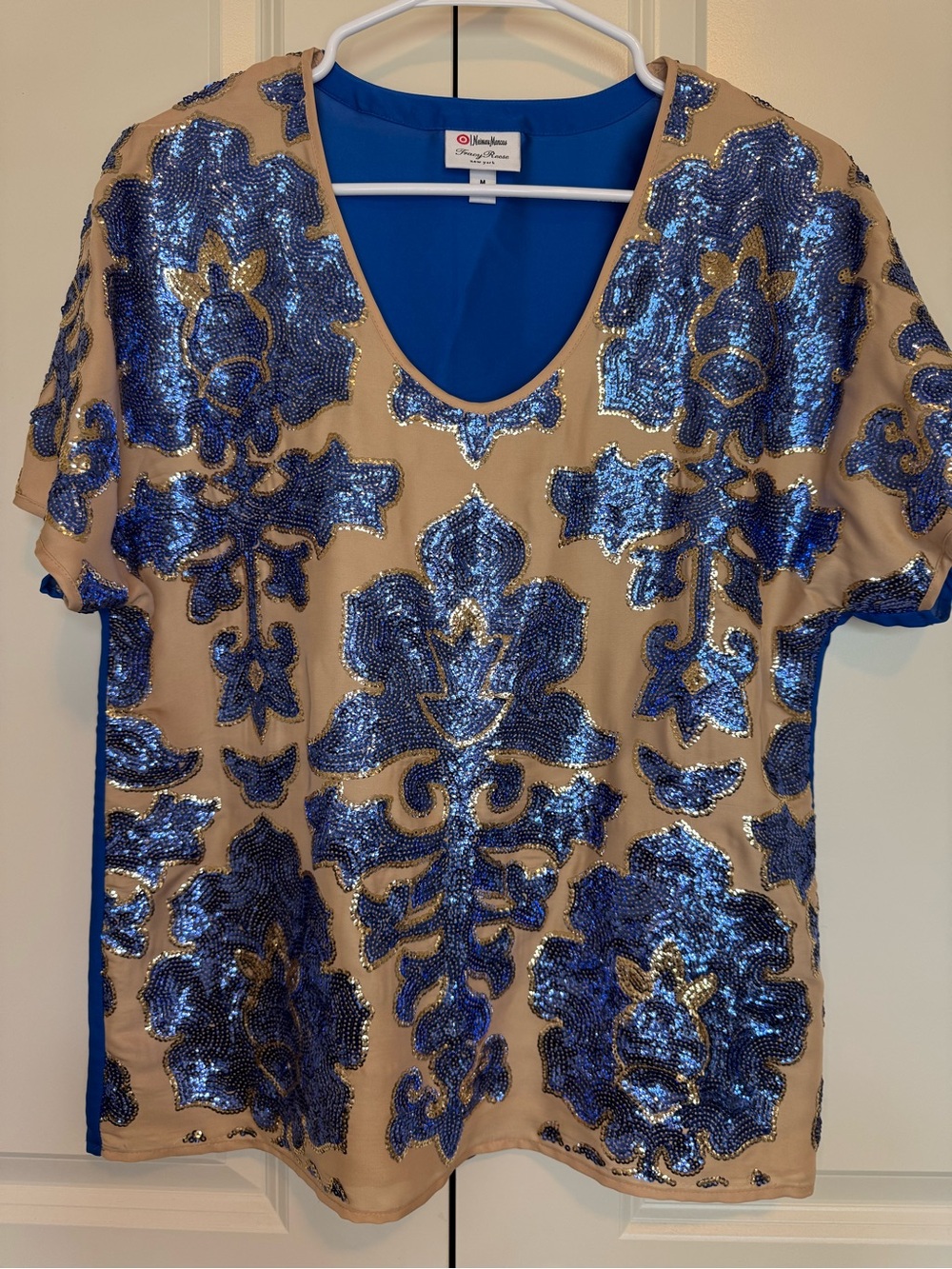 Tracy Reese Blue and Beige Sequin Short Sleeve V-Neck Top